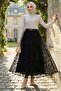 Lined Belted Floral Patterned Tulle Skirt Black Hm2877