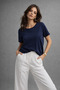 Women's Navy Blue Side Slit Short Sleeve Crew Neck T-Shirt