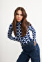 Women's Navy Blue Geometric Patterned Body Suit with Finger Detail