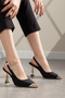 Open Back Vegan Leather Gold Heel and Buckle Detailed Metal Toe Stylish Women's Stiletto - 3