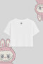 Printed White Semi Cropped T-Shirt – Oversized Cut 100% Cotton Women's T-Shirt - 4