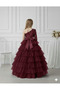 Girl's One-Shoulder Sequined Layered Tulle Detailed Burgundy Evening Dress, Graduation Dress - 2