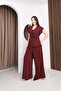 Women's Fabric Set - Burgundy Vest & Trousers (Palazzo, Wide Leg) Two-Piece Set - 2