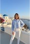 Women's Cuffed Pocket and Collared Paneled Striped Cotton Linen Cropped Shirt - 3