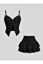 Ruffled Alaçatı-Style Spaghetti Strap Blouse and Layered Mini Shorts Skirt Set - 2