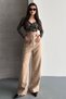 Women's Stoned High Waist Beige Palazzo Pants Wide Leg Fabric Trousers - 6