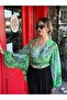 Green Color Spanish Sleeve Gold Detailed Drop Patterned Silk Blouse - 5