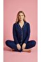 Women's Buttoned Ribbed Knitted Long Sleeve Seasonal Navy Blue Pajama Set