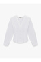 Slim Fit Cotton Buttoned Long Sleeve V-Neck Pleated Peplum Shirt - 3