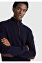 Men's navy blue wool blend stand collar half zip knitwear with elbow patches - 6