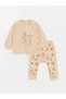 Lcw Baby Beige Crew Neck Long Sleeve Printed Baby Girl Cardigan and Pants 2-Piece Set