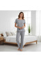 Women's Dark Gray Color Bohçalık Dowry Gift Set Short Sleeve Pajamas and Shorts 3-Piece Cotton Pajama Jewelry - 4