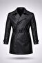Men's Premium Belted Black Leather Trench Coat - Elegant Fit and Italian Cut (100cm)