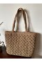 Light Brown, Hand Knitted Paper String Bag, Gift Diary Shoulder Bag with Strap, Lined, with Pockets, Snap Fasteners - 4