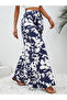 Navy Blue Floral Print Wide Leg Trousers - 3