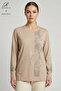 Women's Stripe Patterned Collar and Skirt Stoned Embroidered Slit Lycra Mother Combed Cotton Blouse