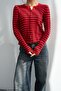 Women's Crew Neck Buttoned Thin Striped Knitwear Cardigan - 2