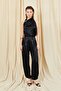 Women's Black 9087 Collar Tie Gold Buckle Satin Suit with Shalwar Pants - 4