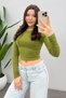 Women's Oil Green Crew Neck Long Sleeve Crop Blouse - 4