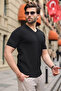 Black V-Neck Short Sleeve Knitwear Men's T-Shirt E7467 - 3