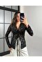 Women's Black Tie-Up Floral Patterned Transparent Stretchy Blouse
