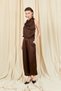 Women's Coffee Color 9087 Satin Suit with Collar Tie and Gold Buckle Shalwar Trousers - 2