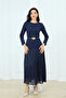 Üst Atlas Alt Chiffon Long Dress - Dark Blue
