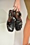 Y458102560 Black Rustic Women's Sandals with Large Buckle Detail