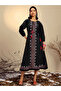 Black Embroidered Neck Dori Midi Dress