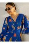 Blue Floral Print Pleated A-Line Midi Dress - 4