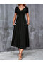 Black Short Sleeve A-Line Midi Dress with Pockets - 4