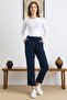 Soft Denim Trousers with Lace Detail and Elastic Waist Navy Blue 7586