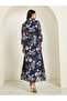 Black Floral Print A-Line Maxi Dress with Belt - 6