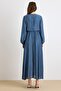 Drawstring and Lace Detailed Waist Gathered Dress İndi̇go 9434-E - 7