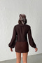 Women's Bitter Brown Tie-Up Open Front Large Collar Balloon Sleeve Seasonal Summer Shirt Blouse - 4