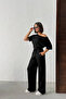 Women's Black Soft Bat Sleeve Blouse with Tie Waist and Wide Leg Two-Piece Set - 5