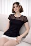 Women's Black Tulle Detailed Short Sleeve Blouse with Transparent Collar, Stylish Athlete Model - 3