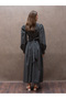 Pleated Black Polka Dot Poplin Long Women's Dress - 4