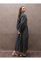 Pleated Black Polka Dot Poplin Long Women's Dress - 5