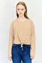 Women Round Neck Plain Long Sleeves Cropped Top, Dark Beige