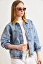 Women's Light Blue Velvet Collar Detailed 3-Pocket Denim Jacket Ckt-19000511