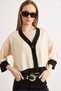 Women's Ecru Black Color Block Bone Buttoned Seasonal Cardigan Hrk-19000481 - 4