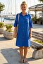 Cobalt Blue Shirt Collar Short Sleeve Buttoned Double Pockets Casual Muslin Loose Woven Dress 95 65 - 2