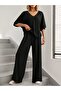 Women's short sleeve v-neck viscose blouse and pants two-piece set - black - 3