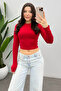 Women's Red Crew Neck Long Sleeve Crop Blouse