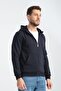 Navy Blue Men's Three-Thread Non-Padded Zippered Hooded Sweatshirt - 2