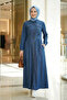 Women's Buttoned Long Dark Denim Blue Hijab Dress - 5