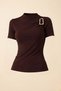 Women's T-Shirt Short Sleeve Gold Buckle Detailed Gathered Half Turtleneck Cotton Lycra Stylish Blouse