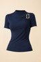 Women's T-Shirt Short Sleeve Gold Buckle Detailed Gathered Half Turtleneck Cotton Lycra Stylish Blouse