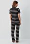Women's black patterned pajama set – 50% cotton 50% modal, short sleeve shirt collar top & long bottom with pockets - 3